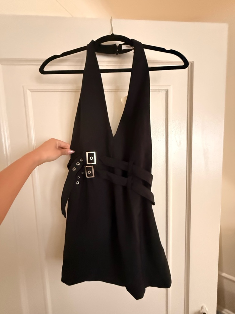 Peppermayo Black Halter Mini Dress with Double Buckle Waist - Picture 2 of 2